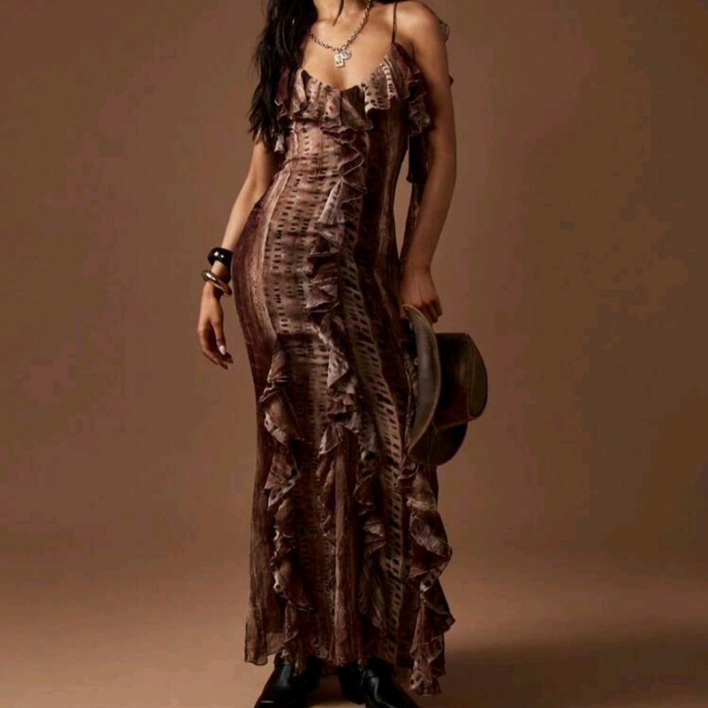 Missguided Long Maxi Dress Ruffles Low Back Transparent Size M Zip Animal Print